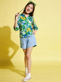 Girls Mid Thigh All over print Top - Green