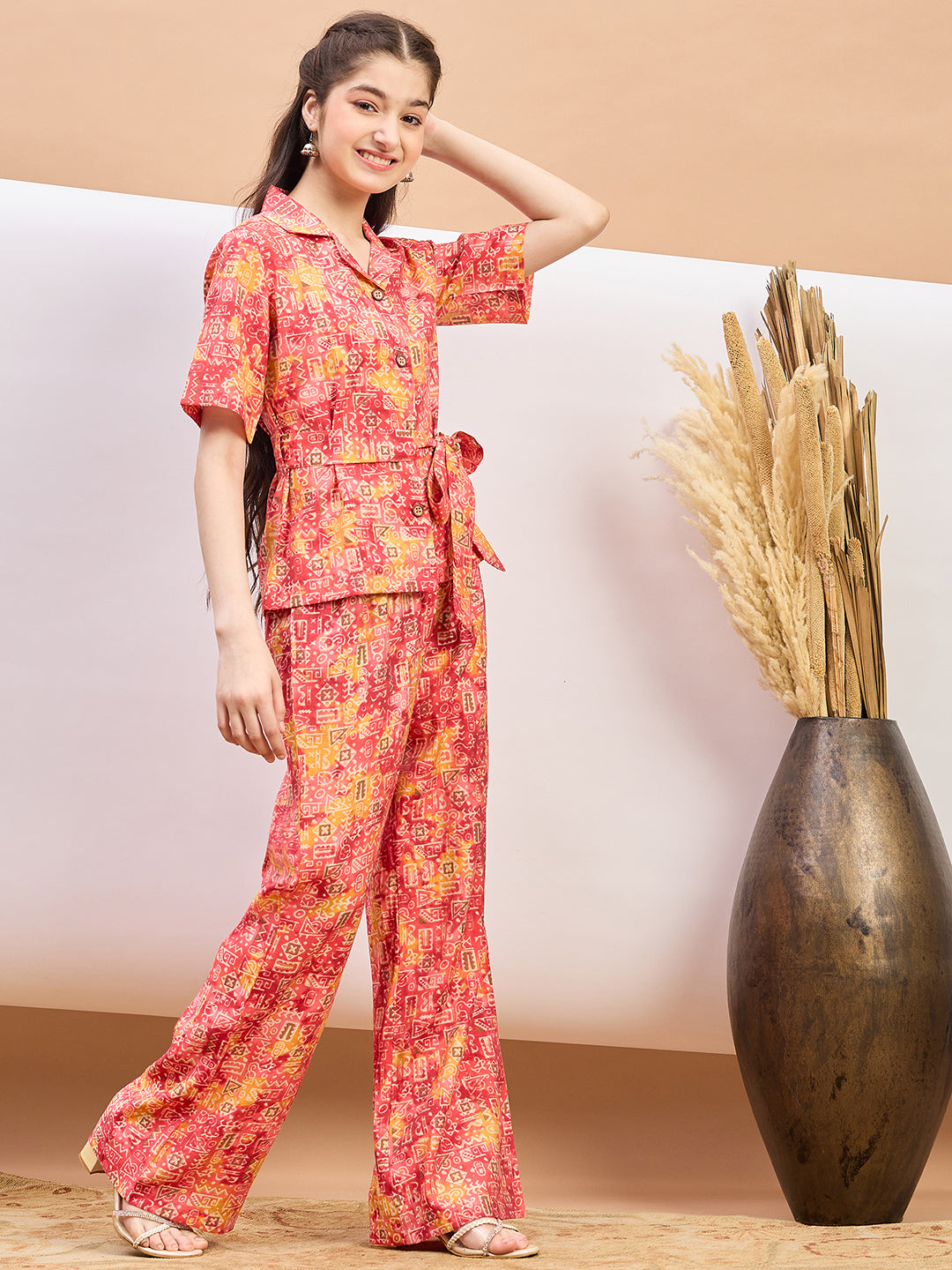 Girls Ankle Length Abstract Print Top With Pants - Multi