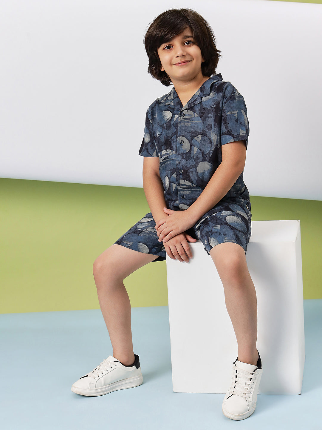 Boys Mid Thigh Printed Shirt with Shorts - Blue