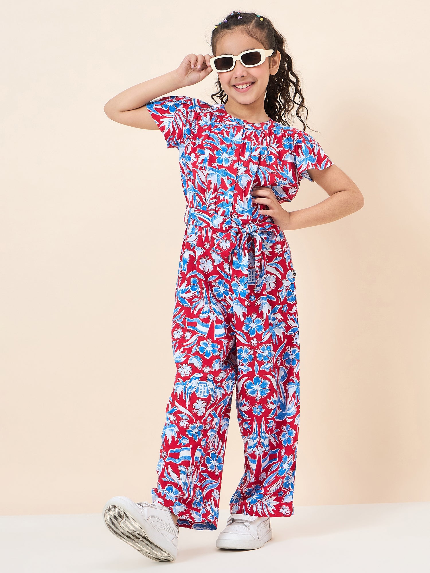 Girls Ankle Length All over Print Jumpsuit - Red