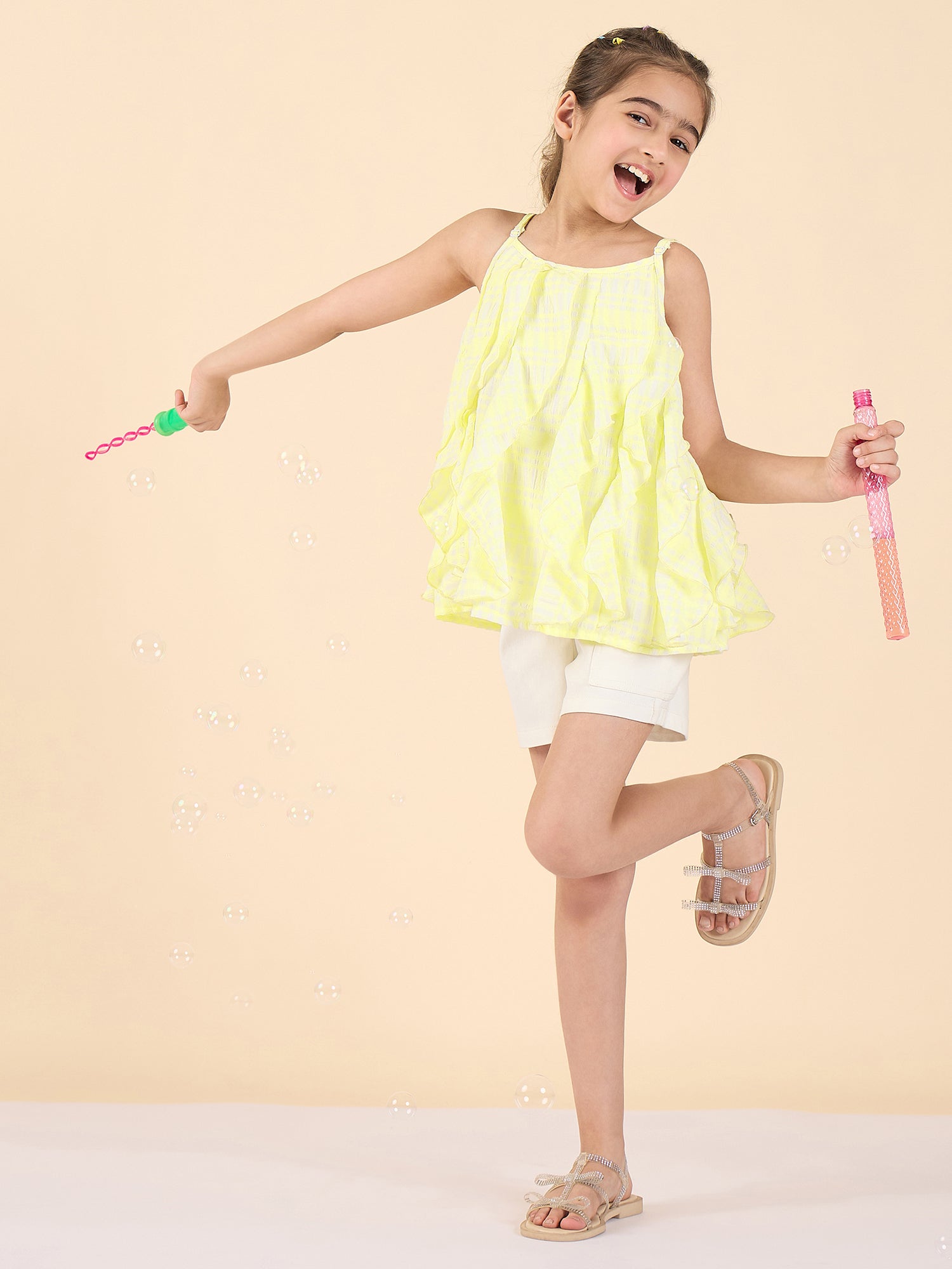 Girls Above Knee All over Print Top with Shorts - Yellow