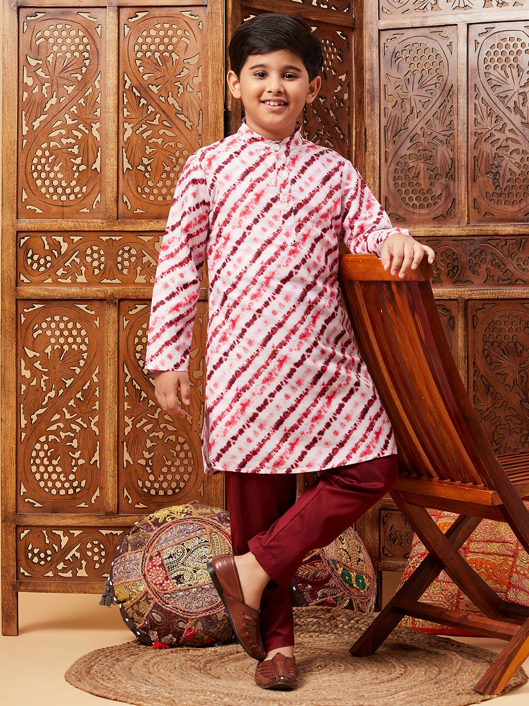 Boys Above Knee All over print Kurta Set - Maroon