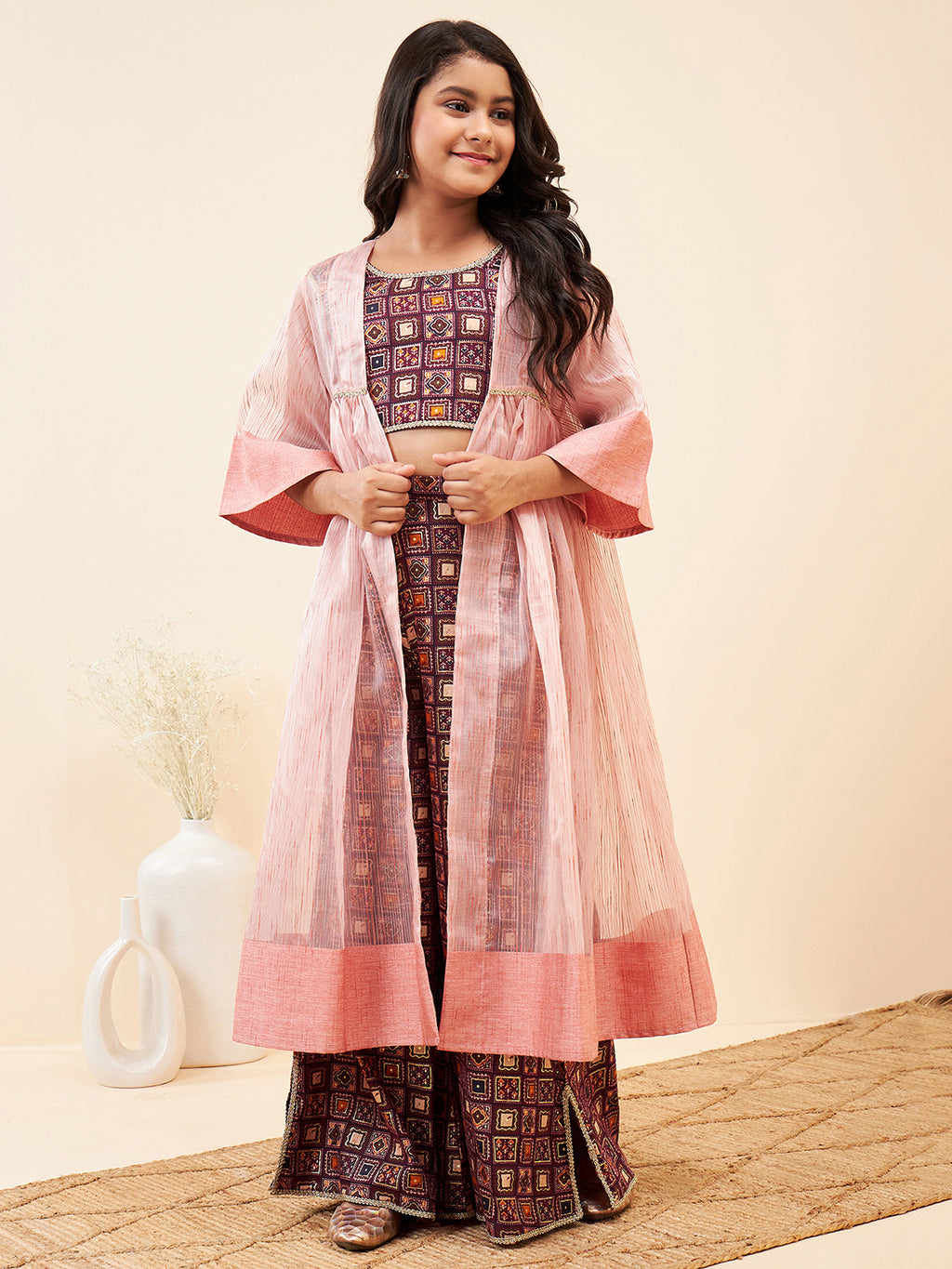 Girls Ankle Length Printed Kurti Set - Purple