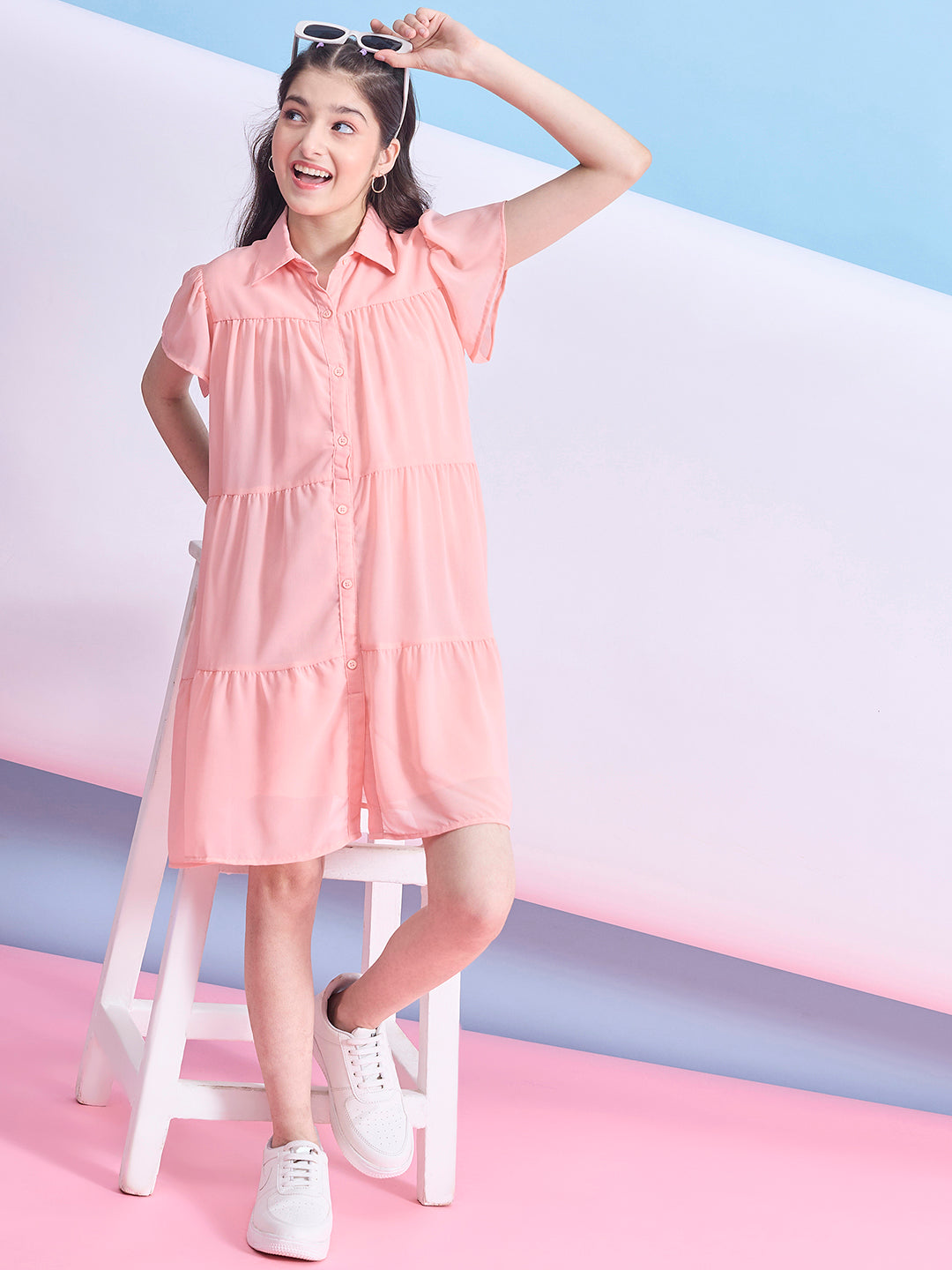 Girls Above Knee Solid Dress - Peach