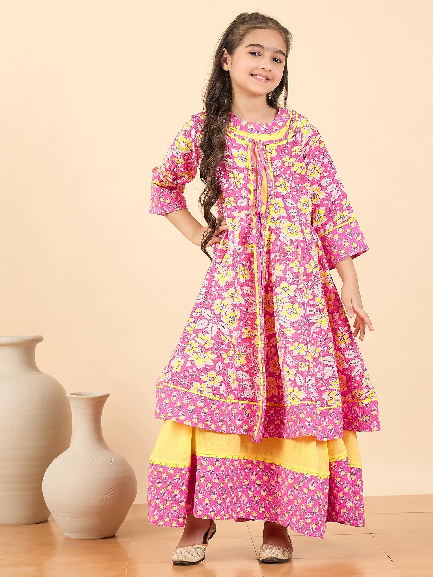 Girls Full Length Embroidery Kurti Set - Pink