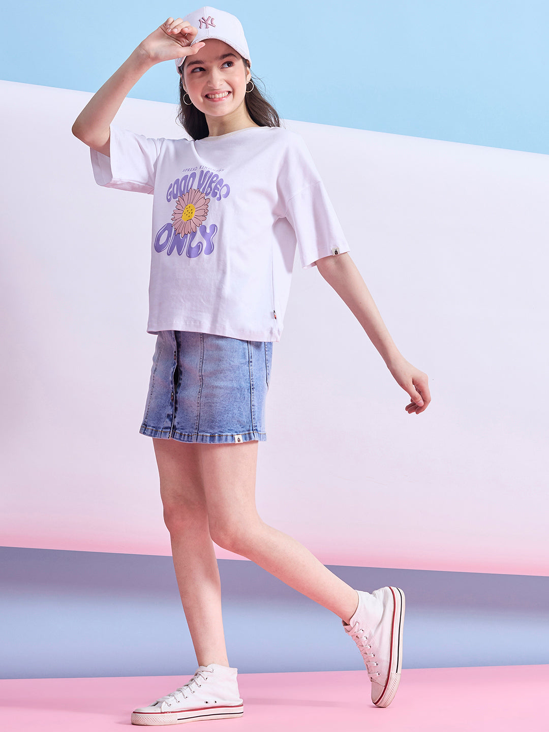 Girls Hip length Printed T-shirt - White