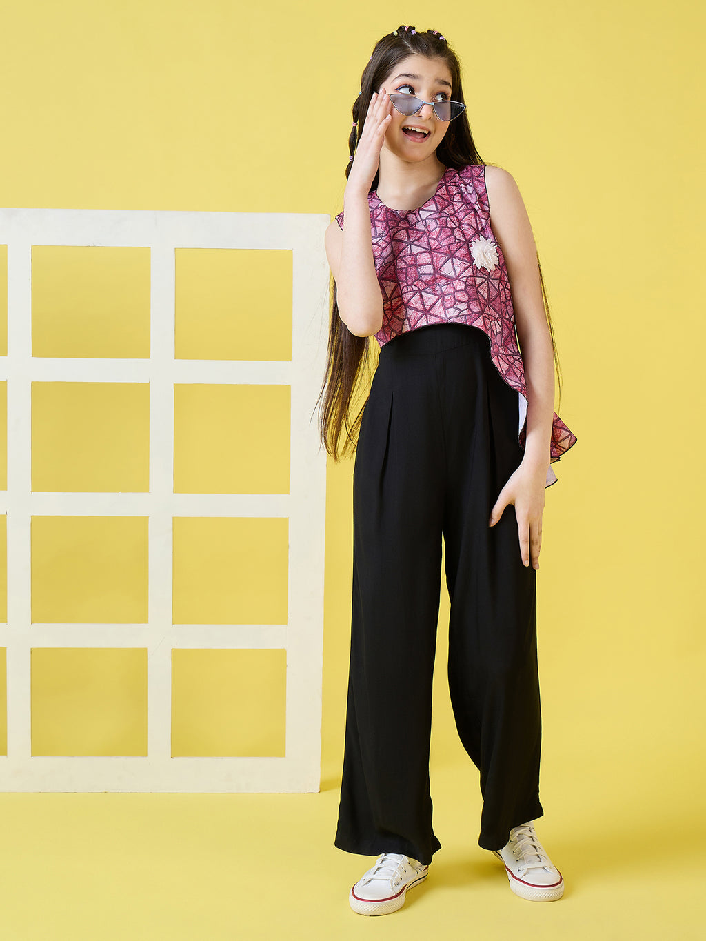 Girls Ankle Length Printed Jumpsuit - Black