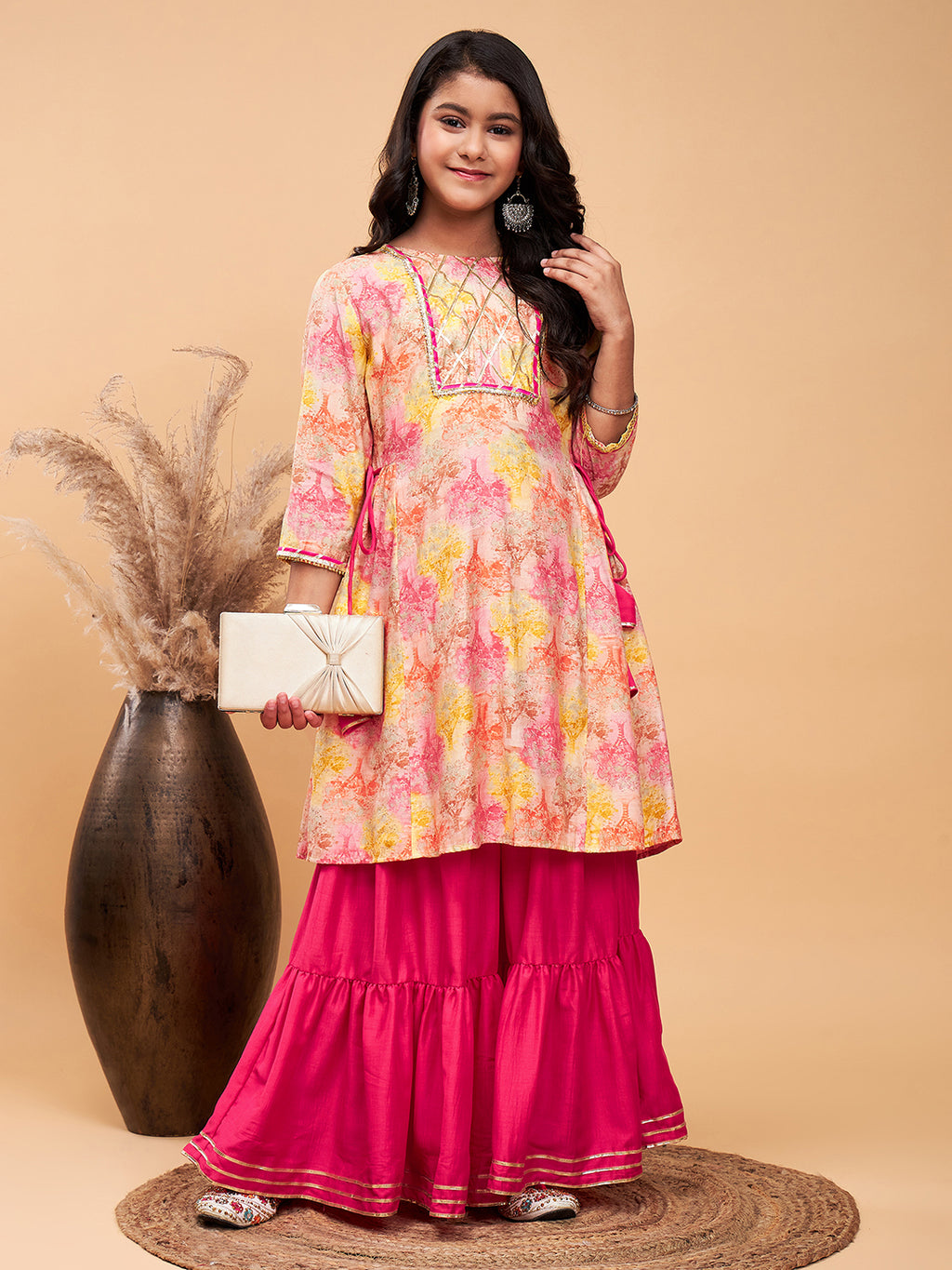 Girls Mid Thigh Printed Kurti Set - Pink