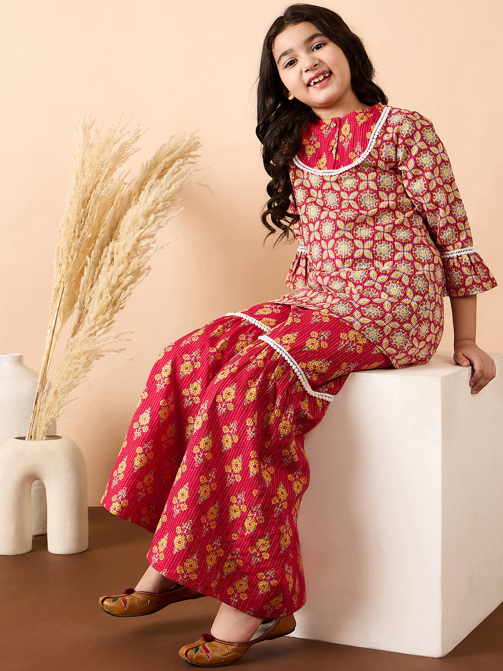 Girls Ankle Length All over Print Kurti Set - Red