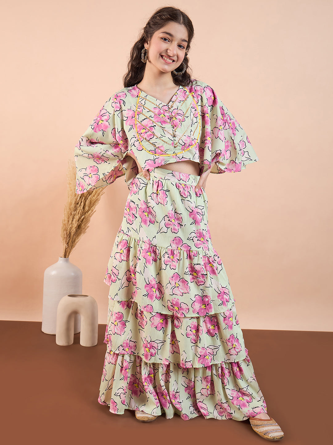 Girls Ankle Length Printed Lehenga Choli - Green