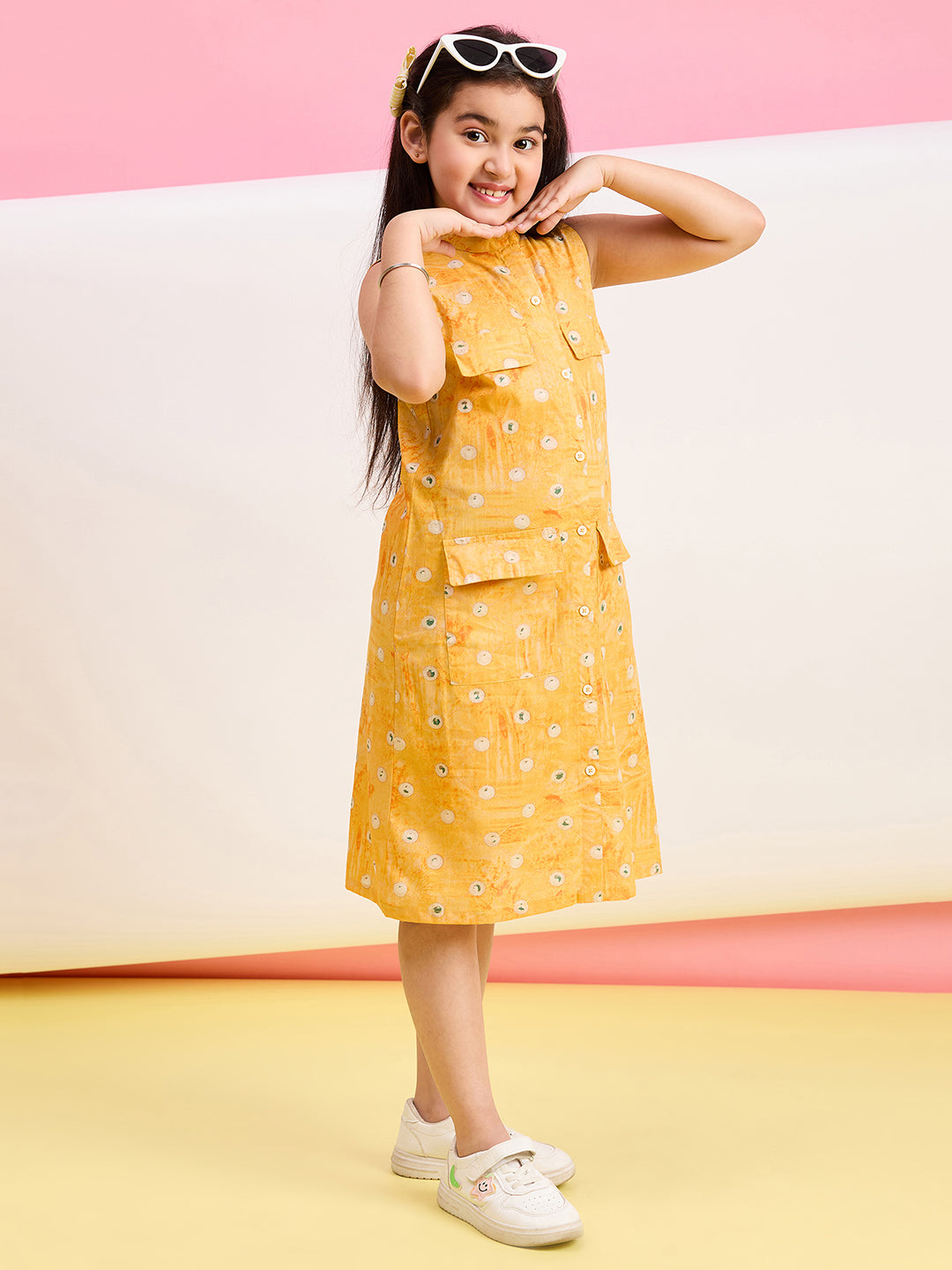 Girls Below Knee Printed Dress - Yellow