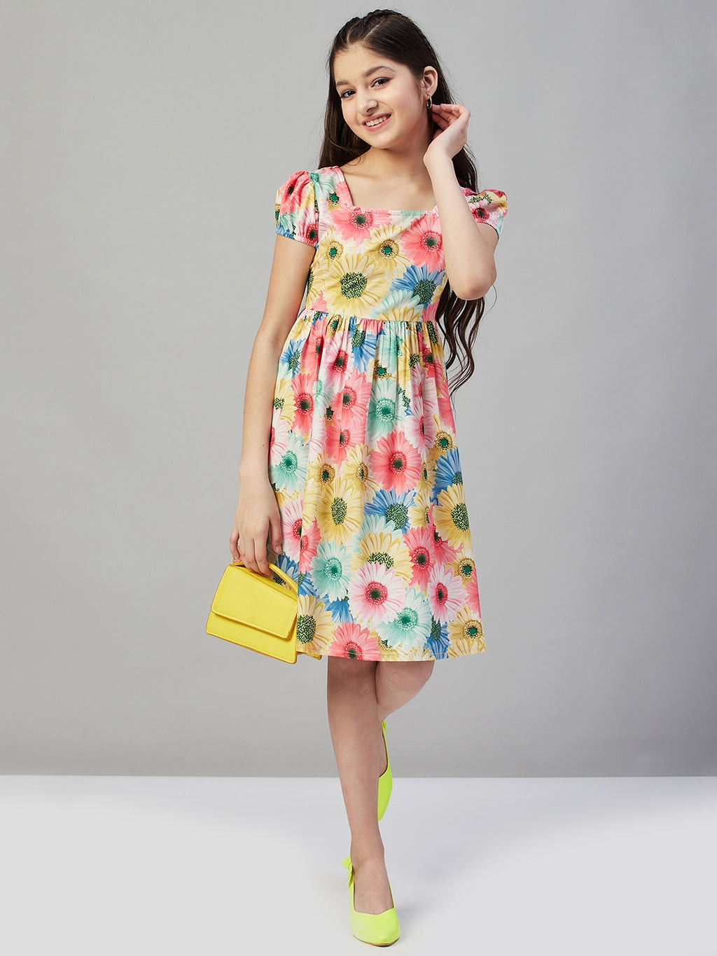 Girls Above Knee Printed Dress - Multi