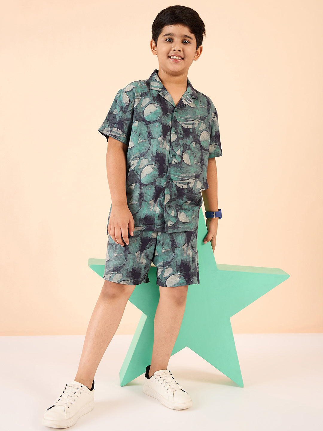 Boys Mid Thigh Printed Shirt with Shorts - Green