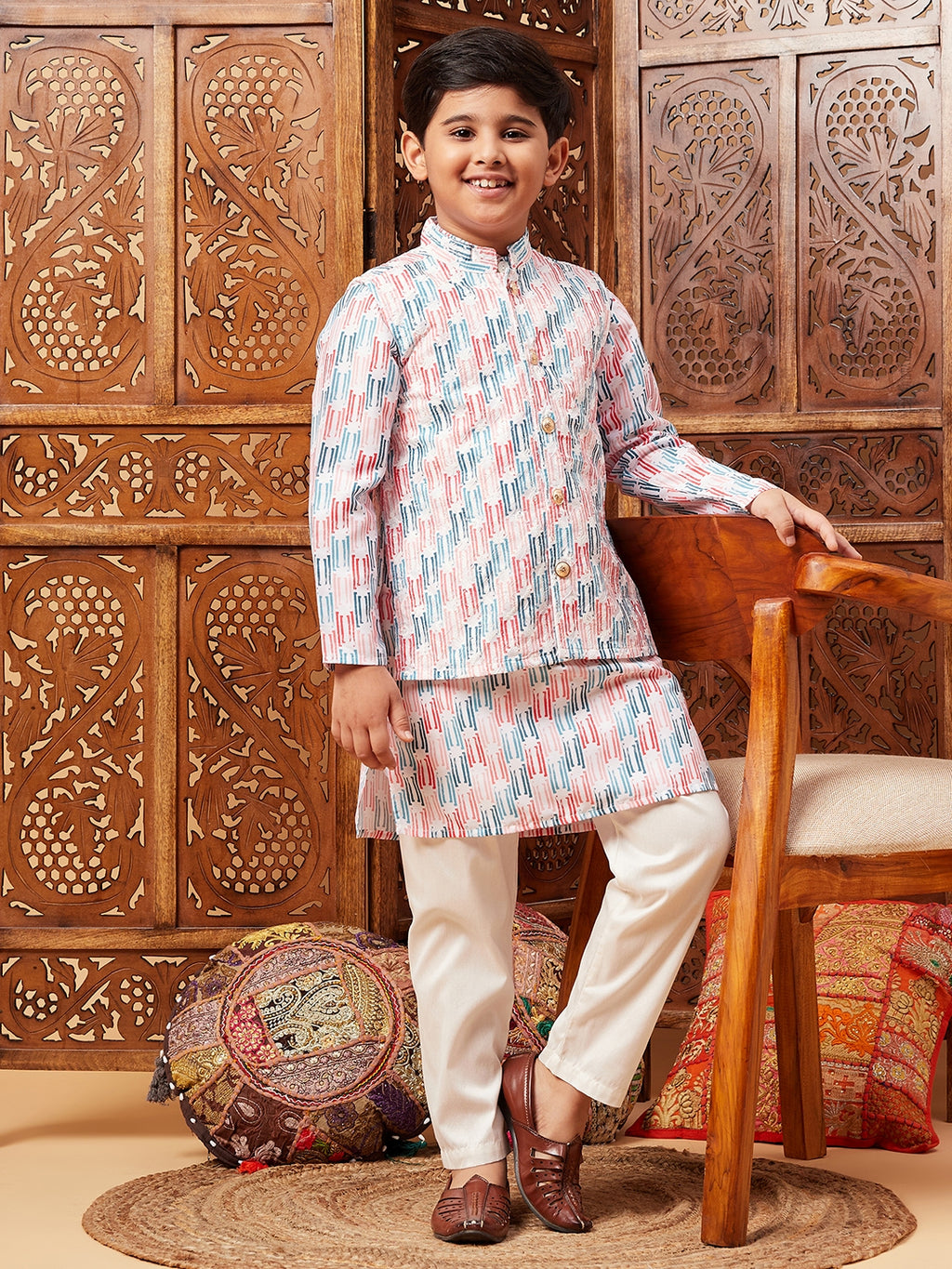 Boys Above Knee Embroidery Kurta Set with Jacket - Multi