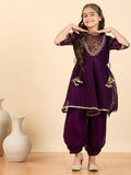 Girls Above Knee Solid Kurti Set - Purple