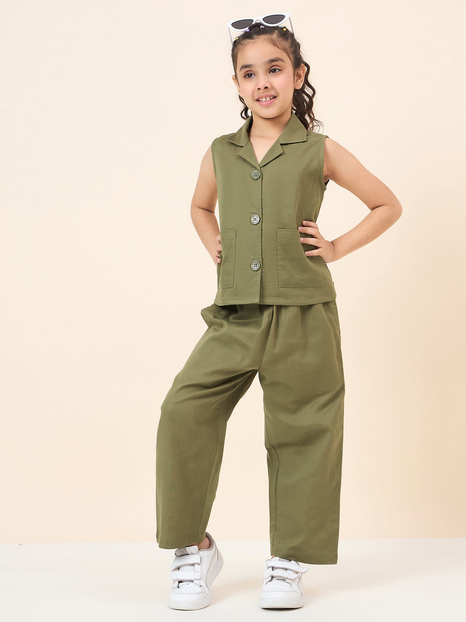 Girls Ankle Length Solid Top With Pants - Green