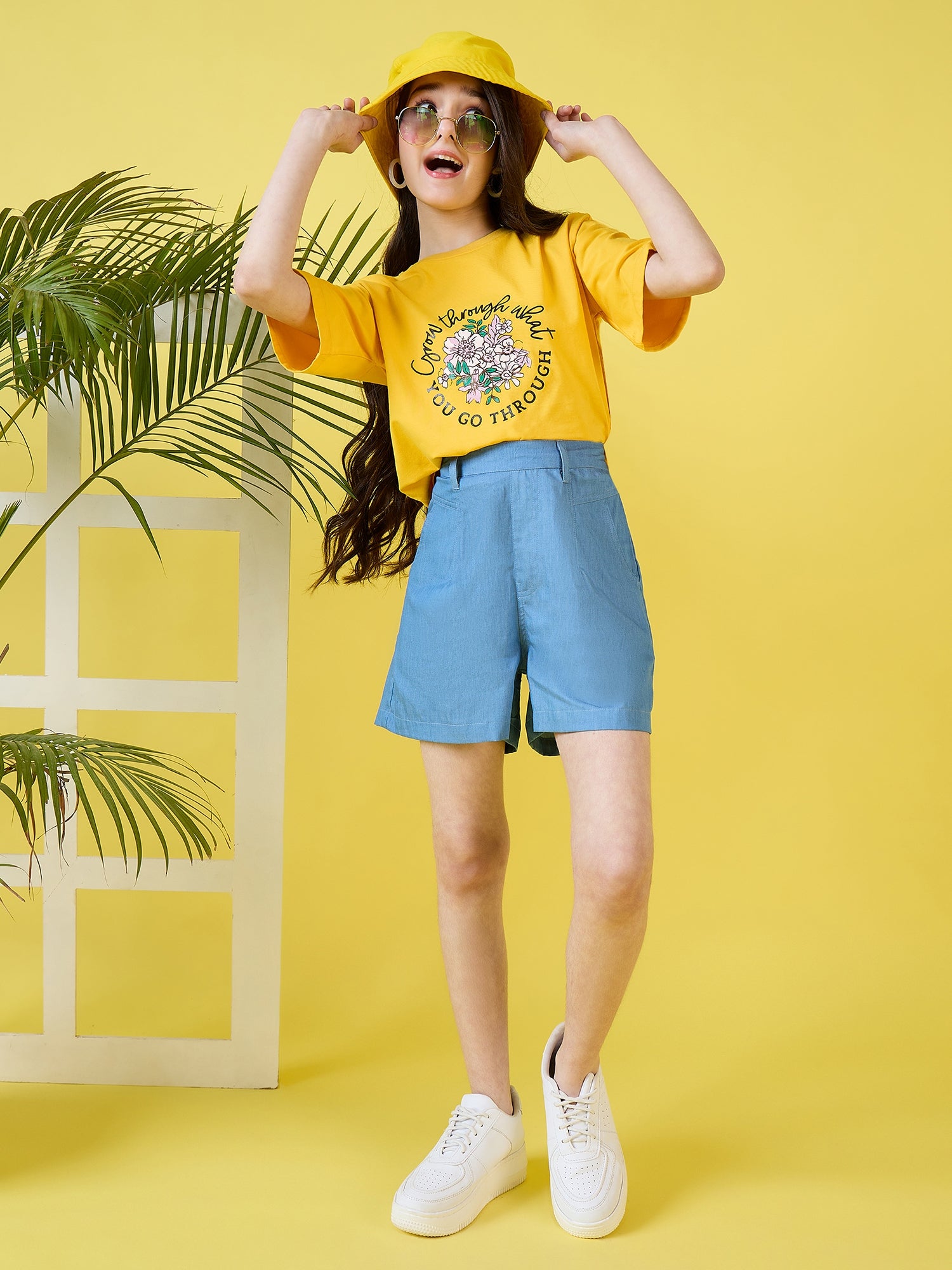 Girls Hip length Printed T-shirt - Yellow