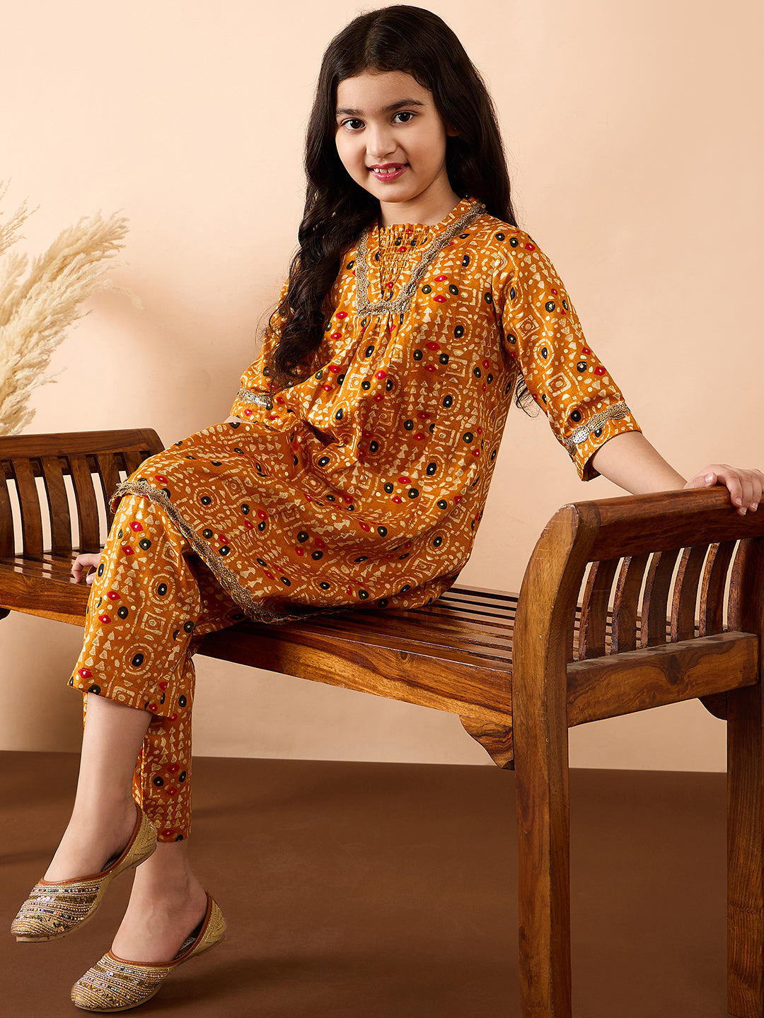Girls Ankle Length All over Print Kurti Set - Yellow