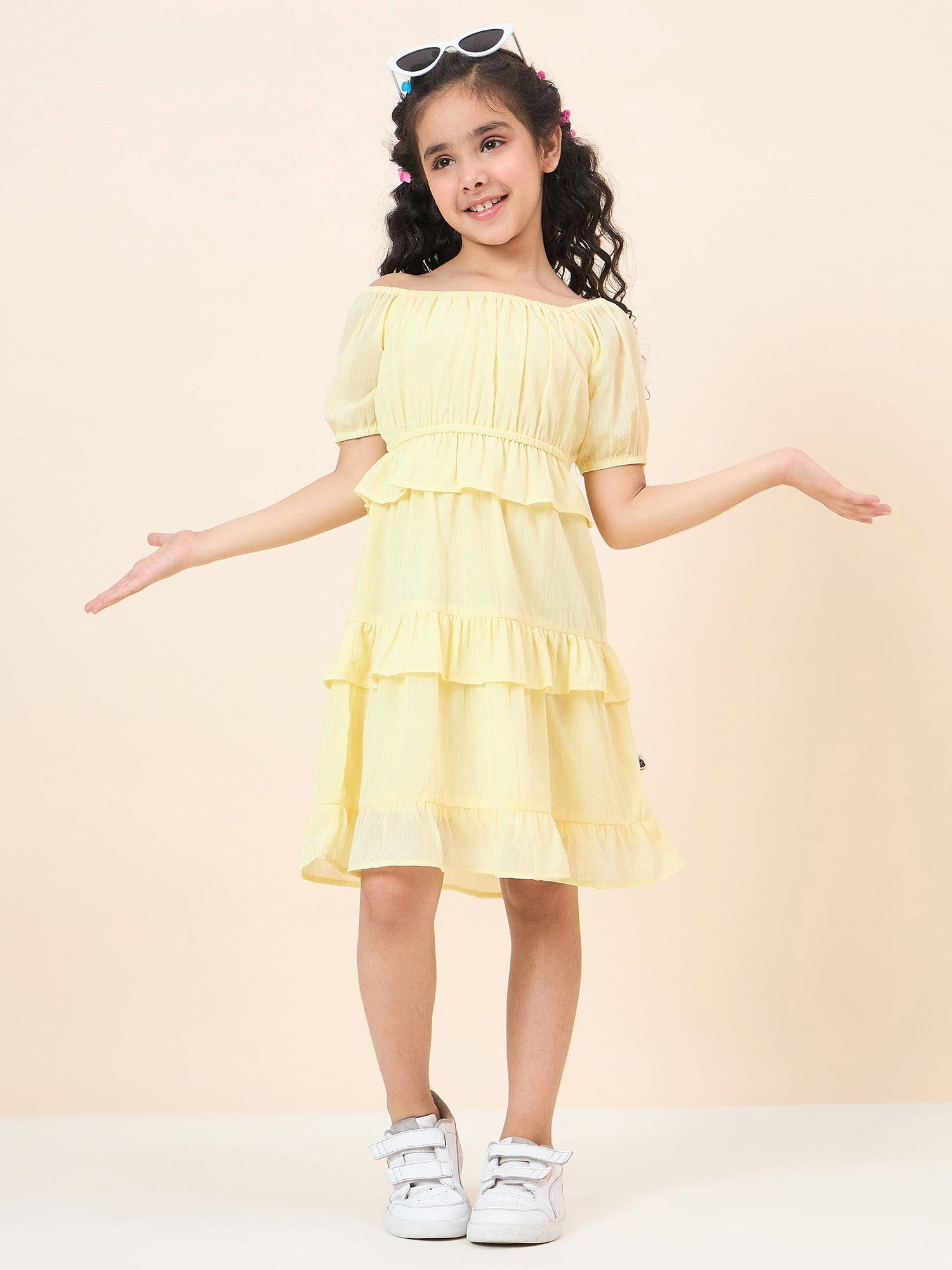 Girls Knee Length Solid Dress - Yellow
