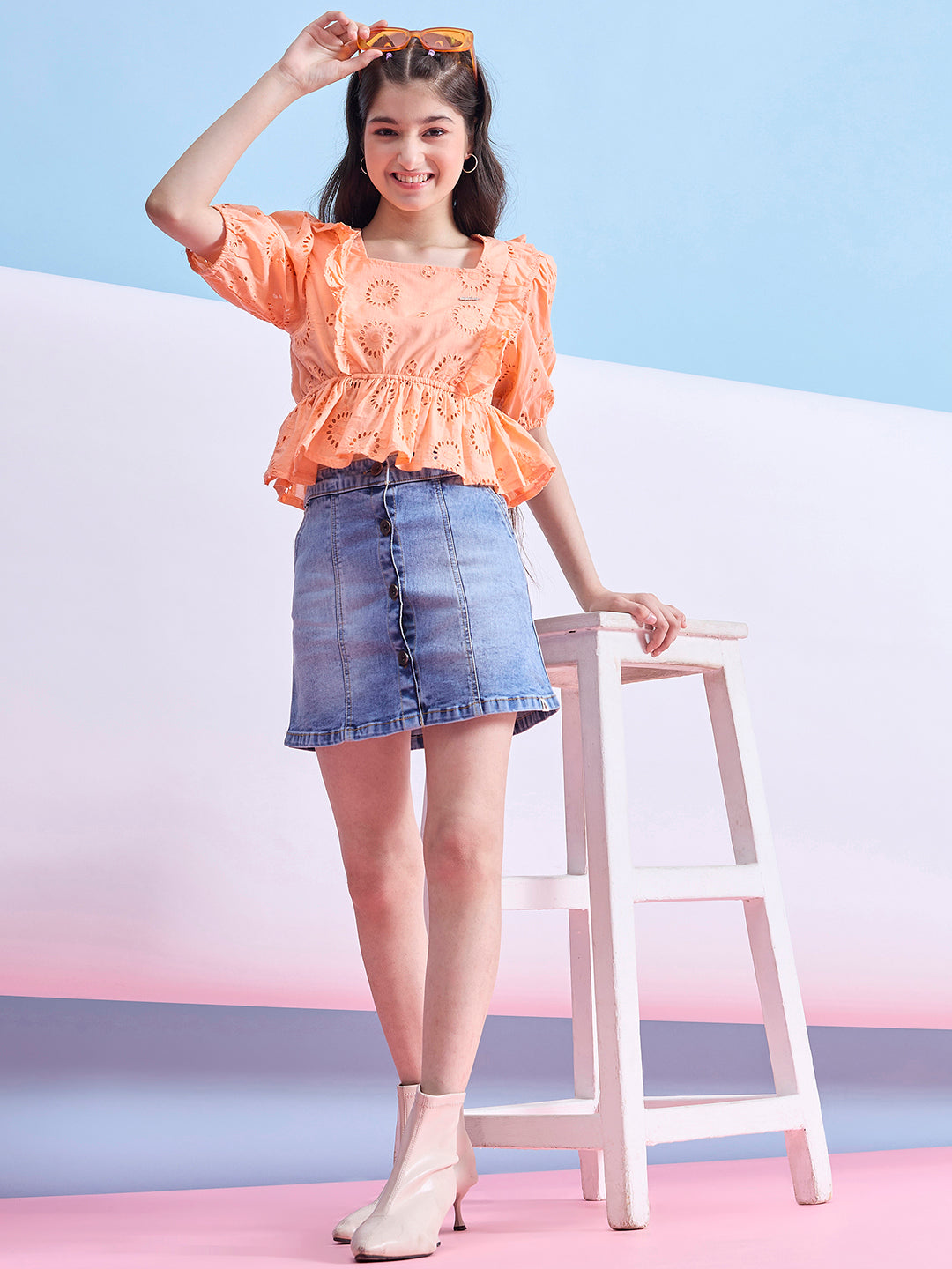 Girls Waist Length Embroidery Top - Peach