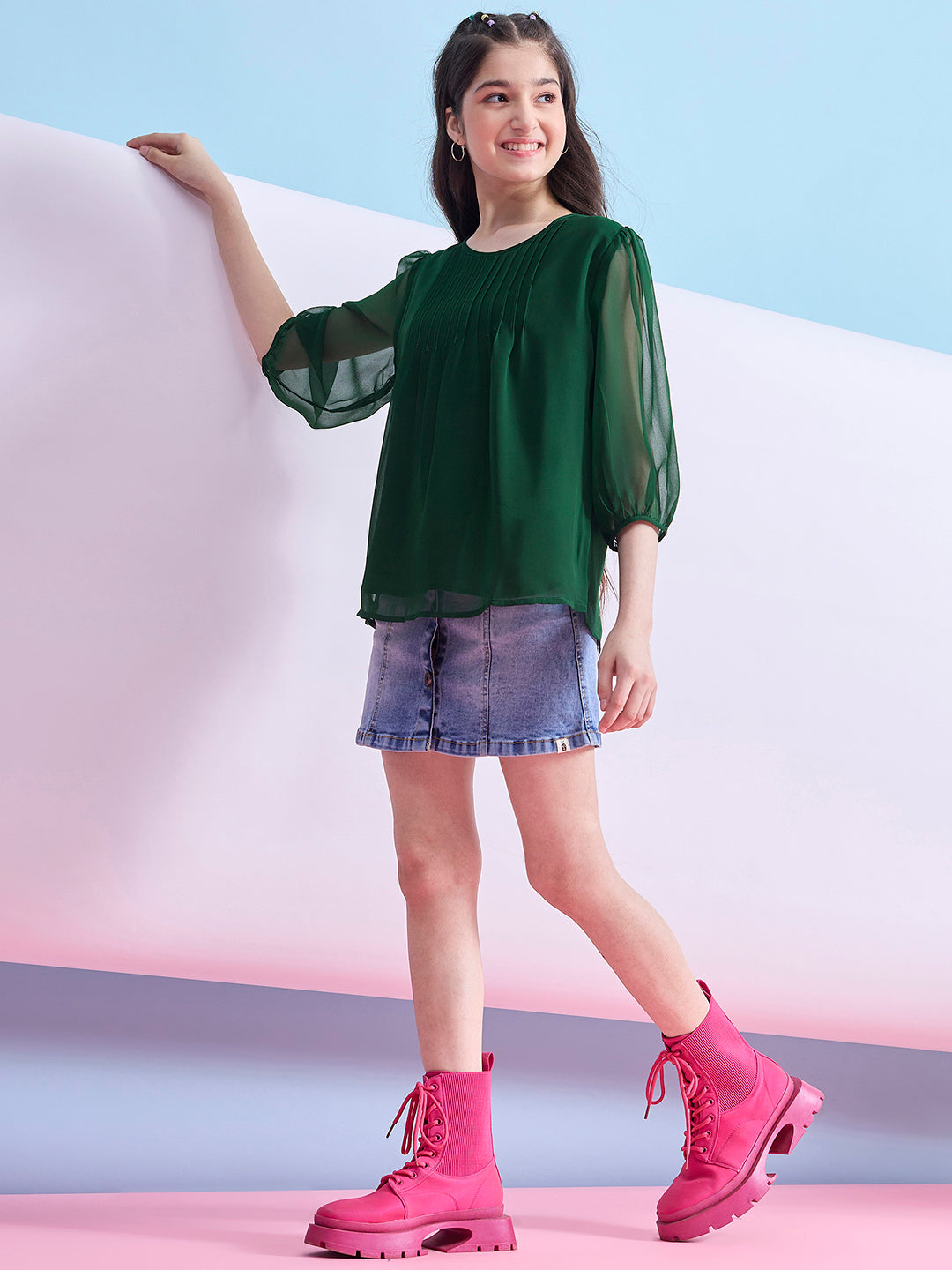 Girls Hip length Solid Top - Green