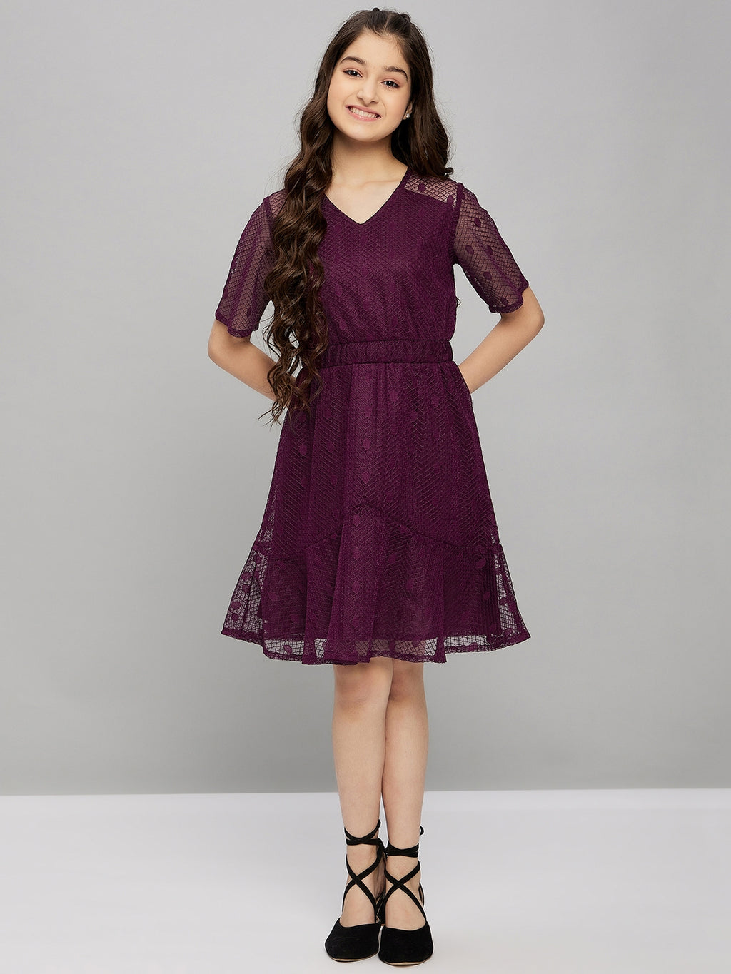 Girls Knee Length Solid Dress - Maroon