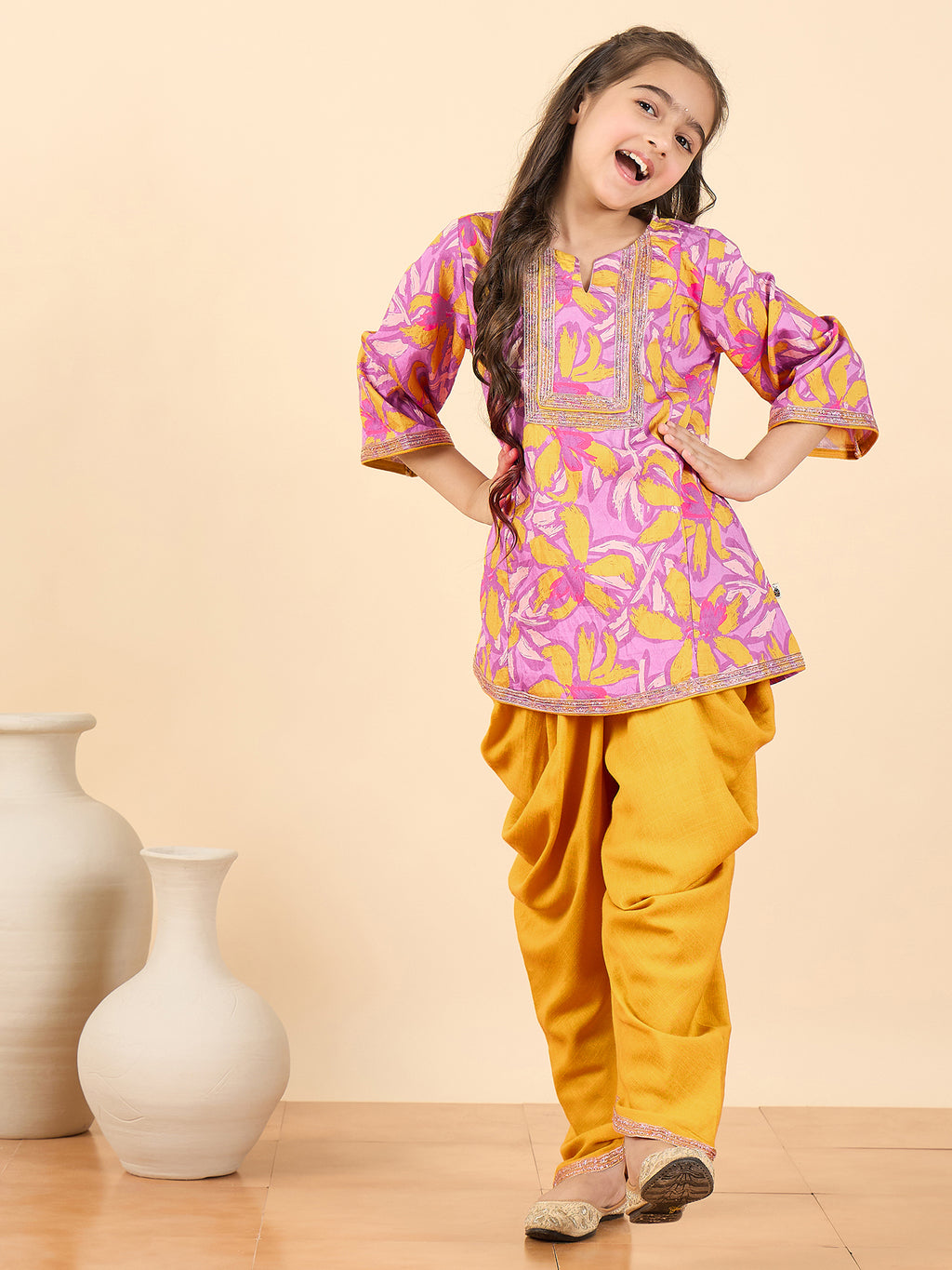 Girls Above Knee All over Print Kurti Set - Lavender