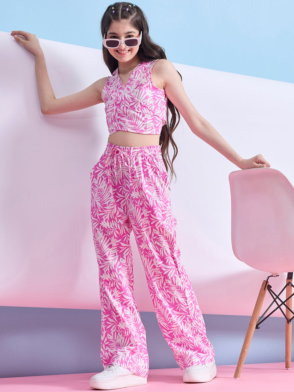 Girls Ankle Length Printed Top With Pants - Pink