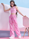 Girls Ankle Length Printed Top With Pants - Pink
