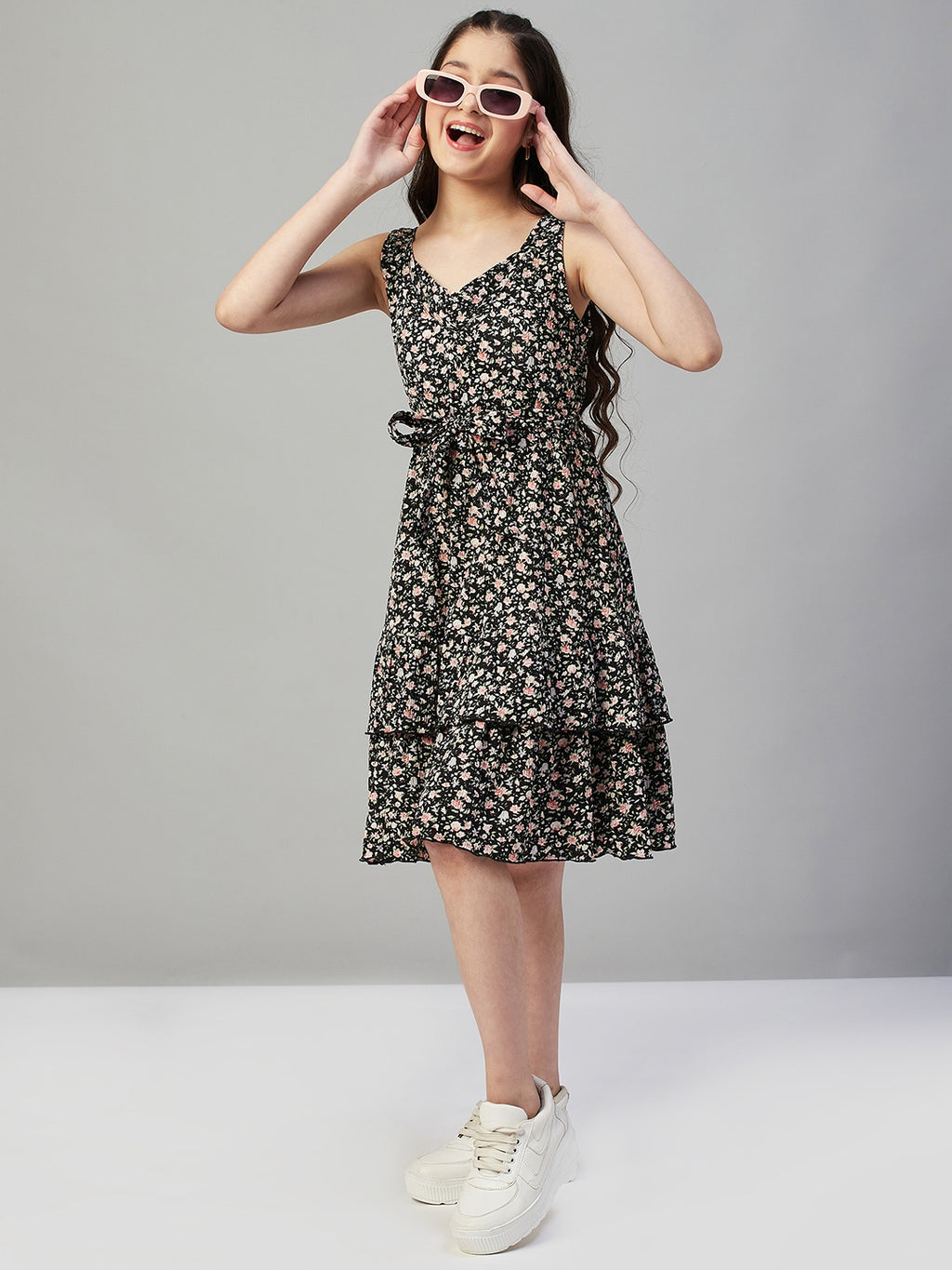 Girls knee length Printed Dress - Black