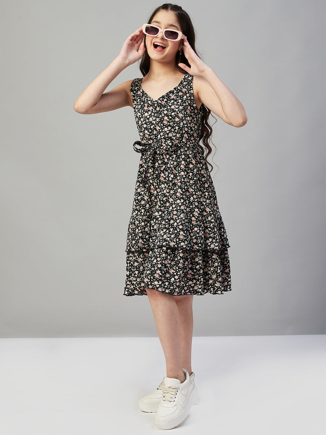 Girls knee length Printed Dress - Black