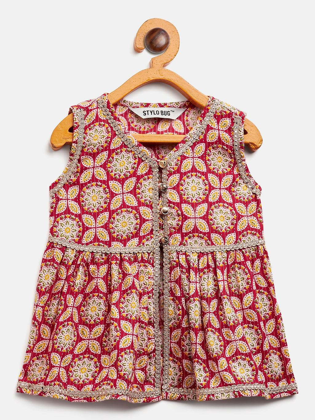 Girls Above Knee Printed Kurti Set - Red