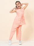 Girls Ankle Length Solid Top With Pants - Peach