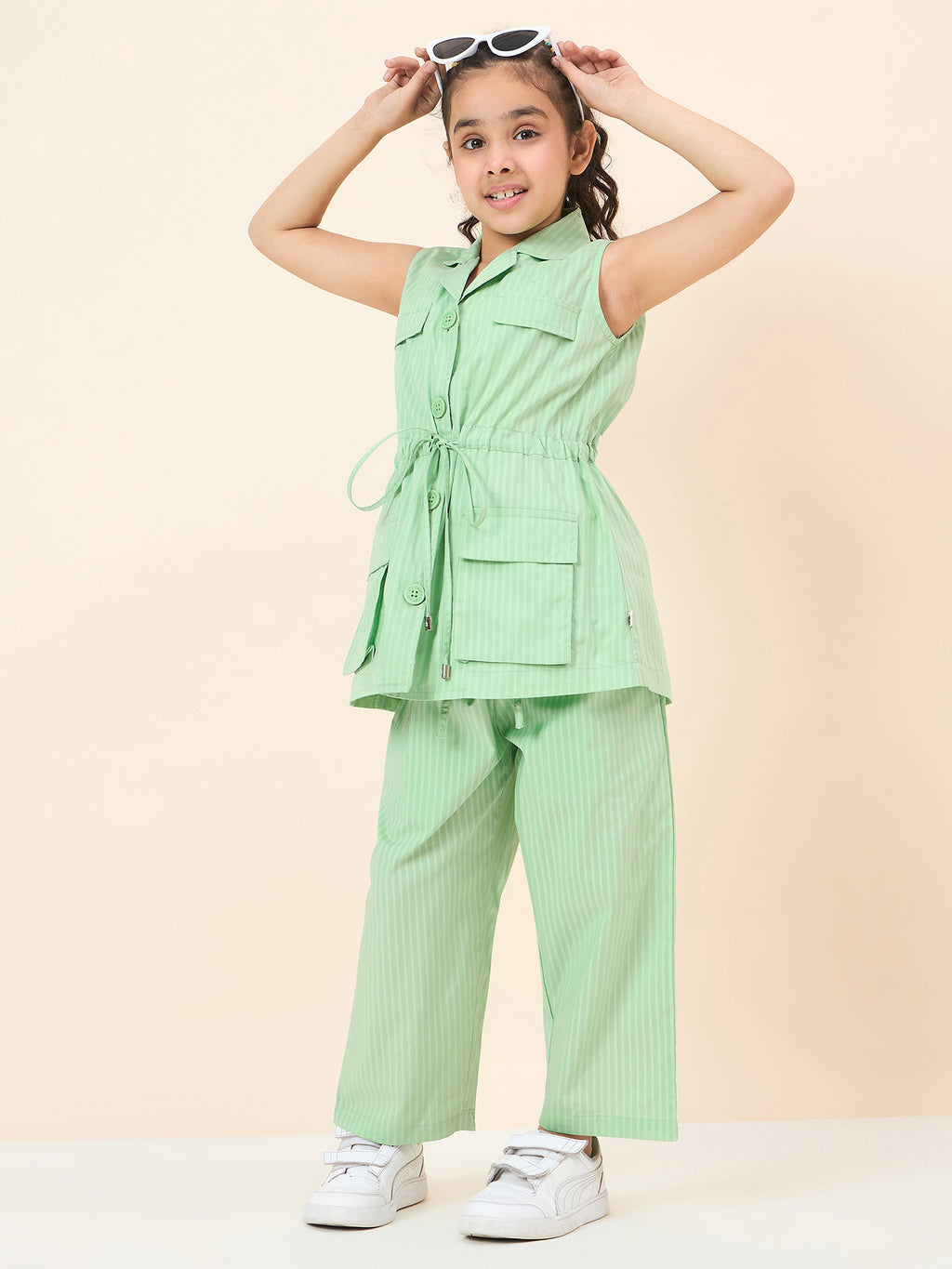 Girls Ankle Length Solid Top With Pants - Green