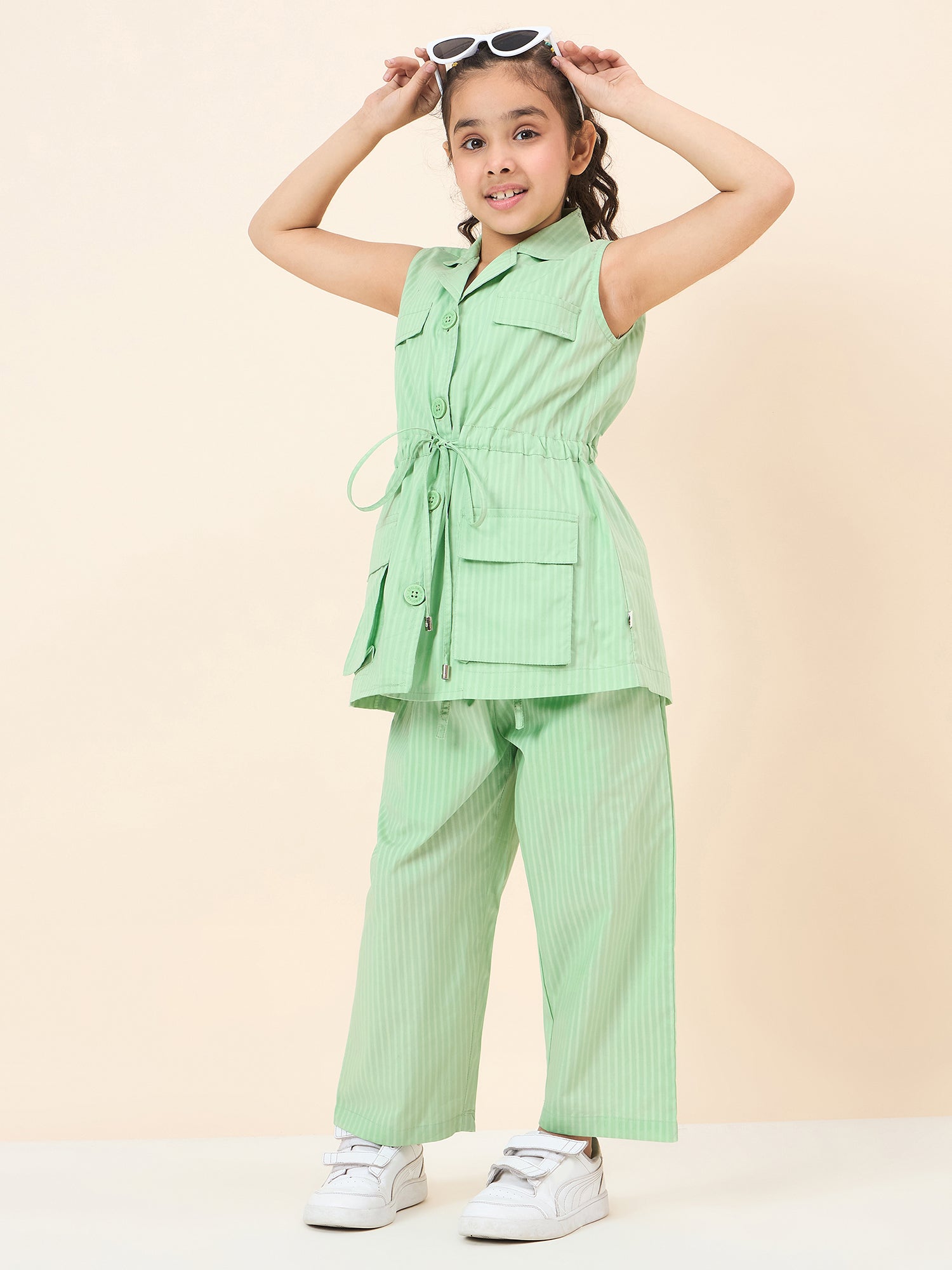 Girls Ankle Length Solid Top With Pants - Green