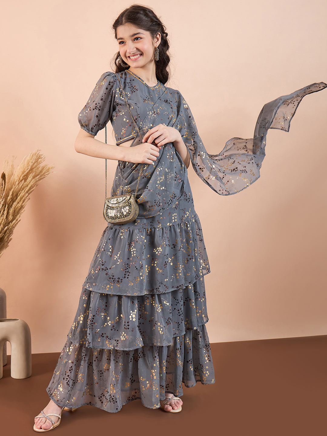 Girls Ankle Length Printed Lehenga Choli - Grey