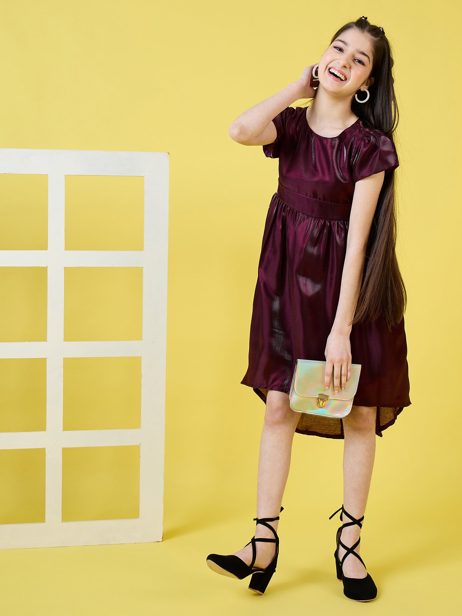 Girls Above Knee Solid Dress - Maroon