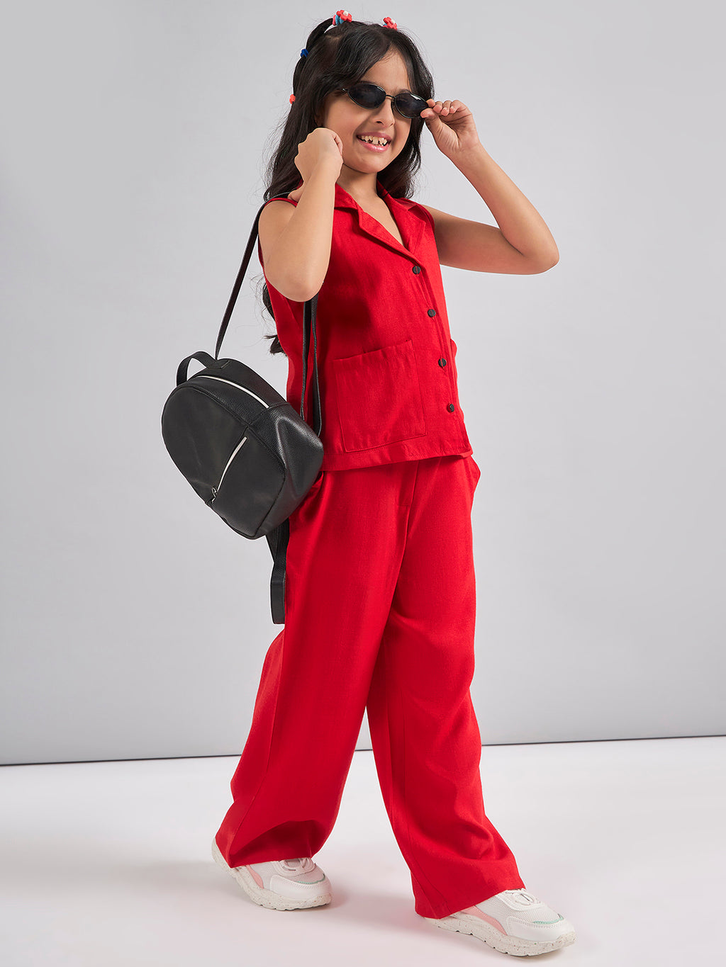 Girls Ankle Length Solid Top With Pants - Red