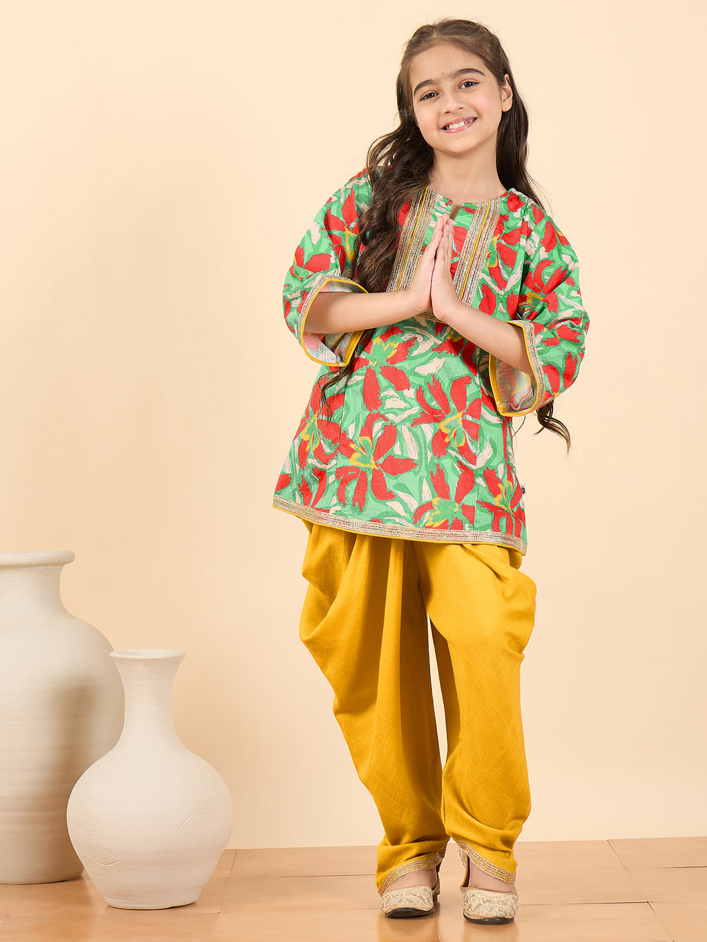 Girls Above Knee All over Print Kurti Set - Green