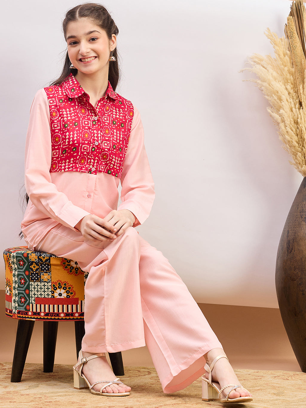 Girls Ankle Length Printed Kurti Set - Pink