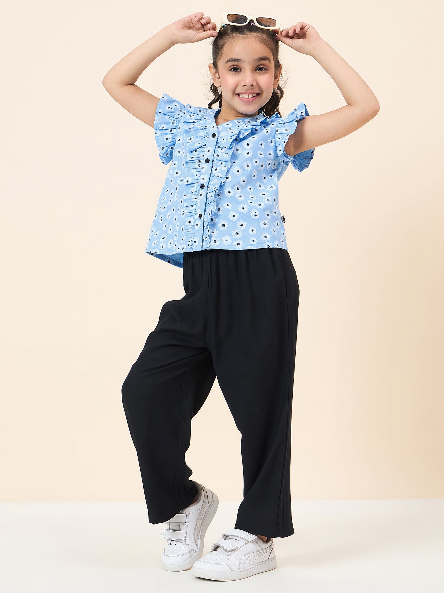 Girls Ankle Length All over Print Top With Pants - Blue