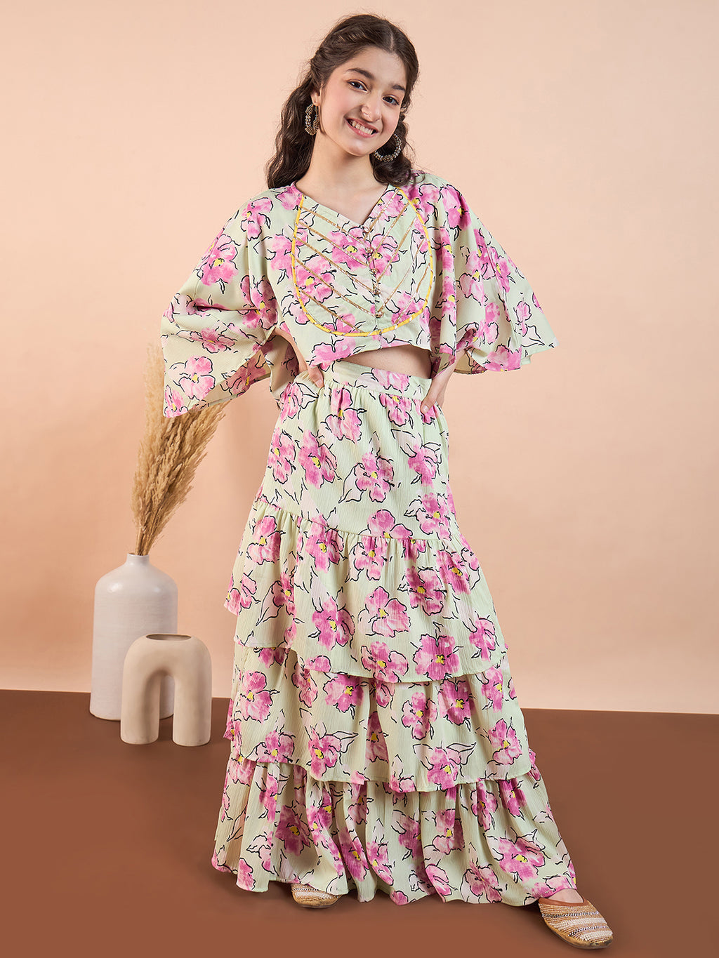 Girls Ankle Length Printed Lehenga Choli - Green