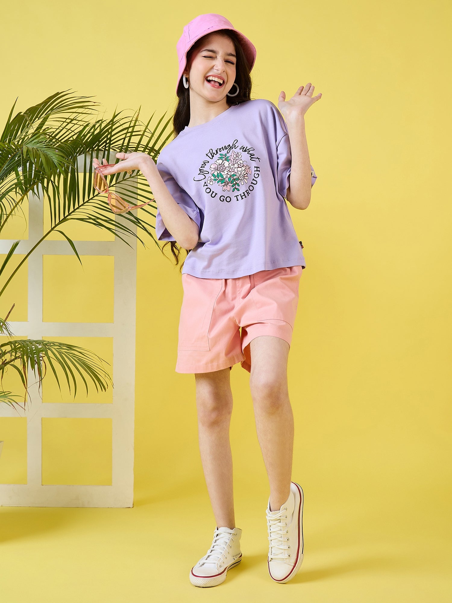 Girls Hip length Printed T-shirt - Purple