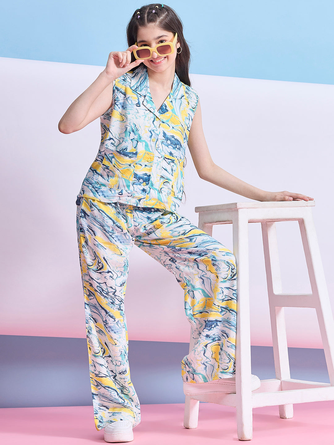 Girls Ankle Length Abstract Print Top With Pants - Multi