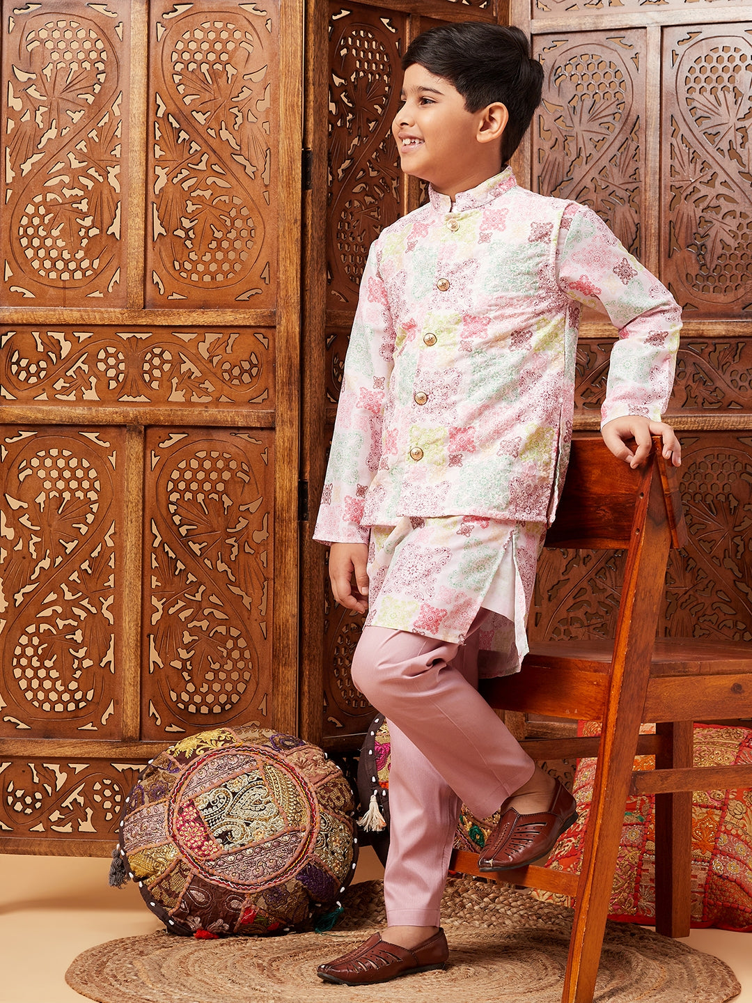 Boys Above Knee Embroidery Kurta Set with Jacket - Multi