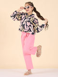 Girls Ankle Length All over Print Top With Pants - Black