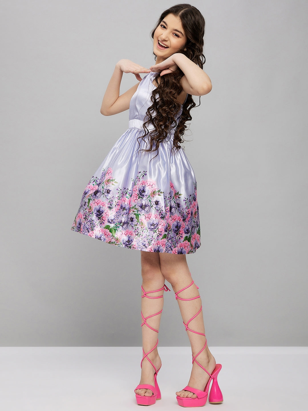 Girls Above Knee Placement print Dress - Purple