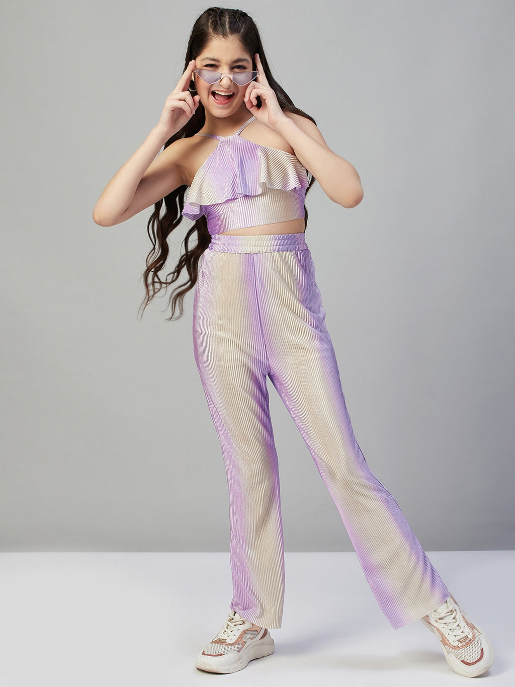 Girls Ankle Length Solid Top With Pants - Purple