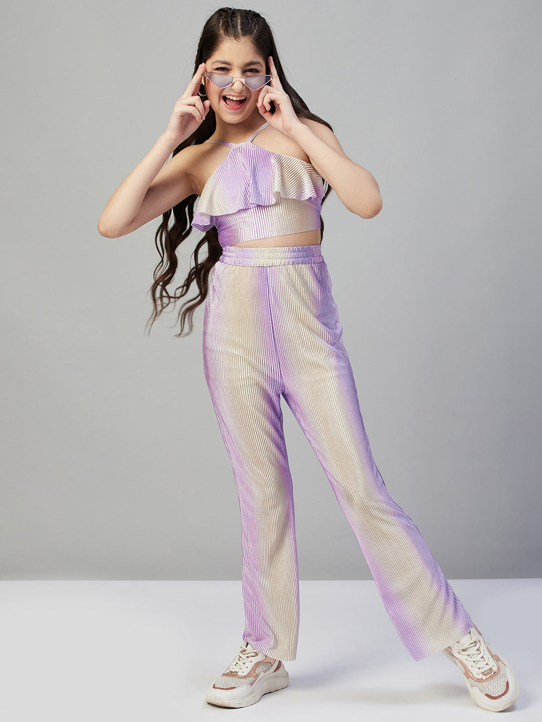 Girls Ankle Length Solid Top With Pants - Purple