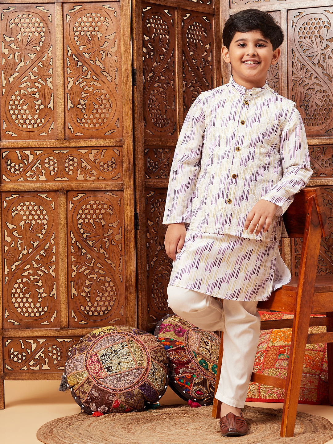 Boys Above Knee Embroidery Kurta Set with Jacket - Purple